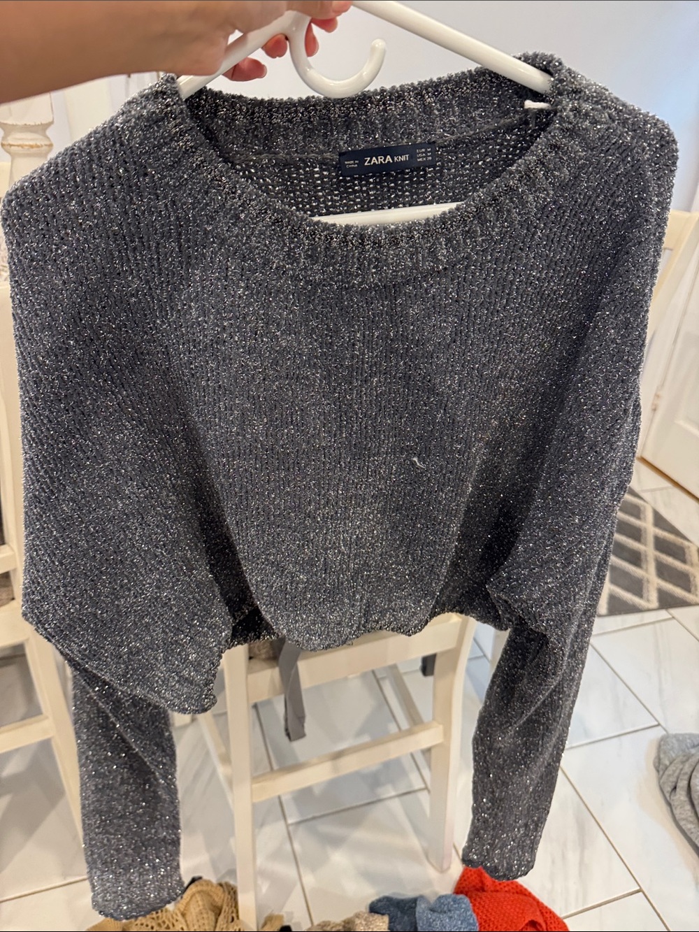 ZARA Metallic Charcoal Cropped Crewneck Sweater
